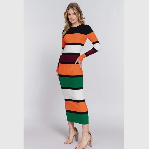 Women's Long Sleeve Midi Color Block Sweater Dress - Picture 3 of 3